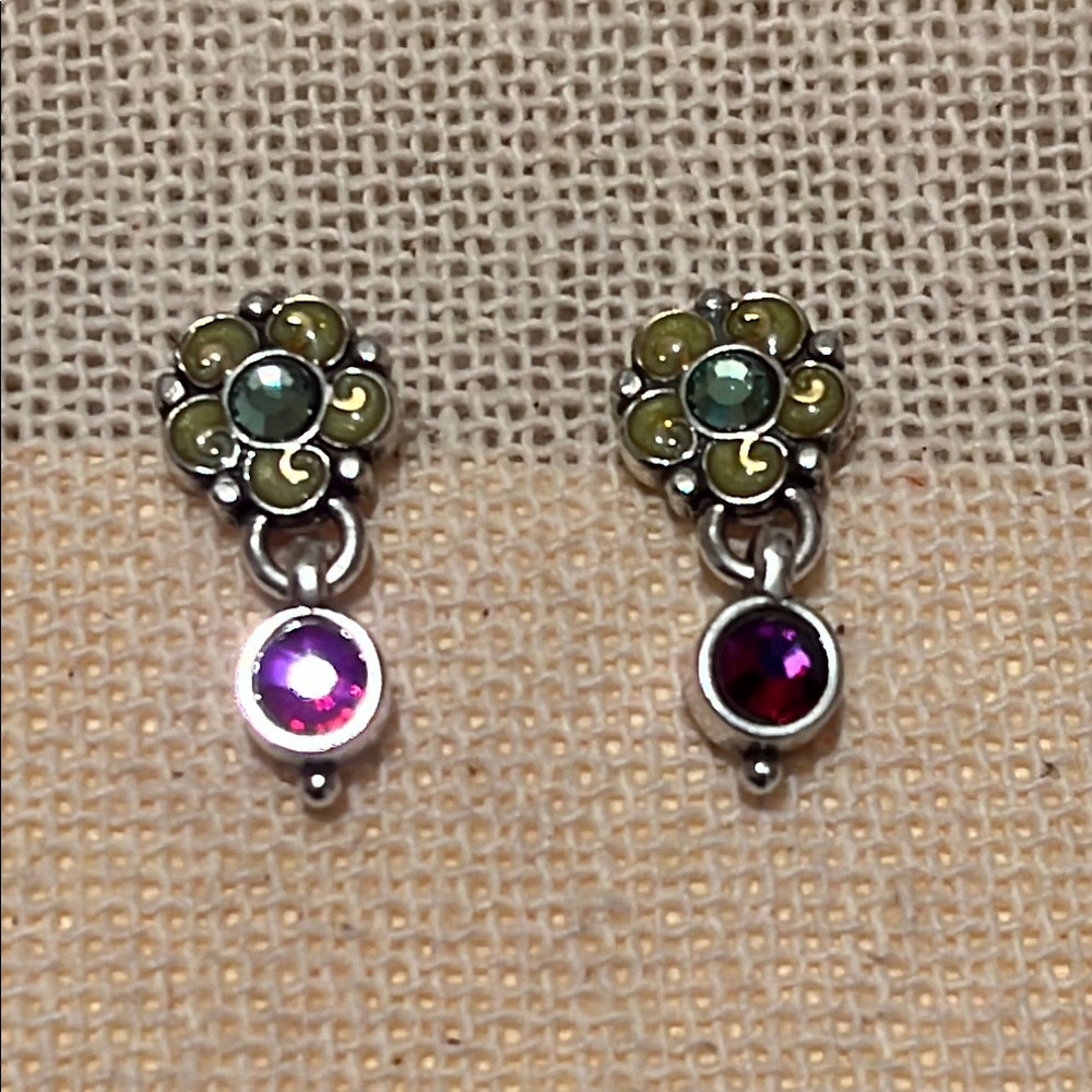 Elegant Silver and Green Earrings with Purple Accents